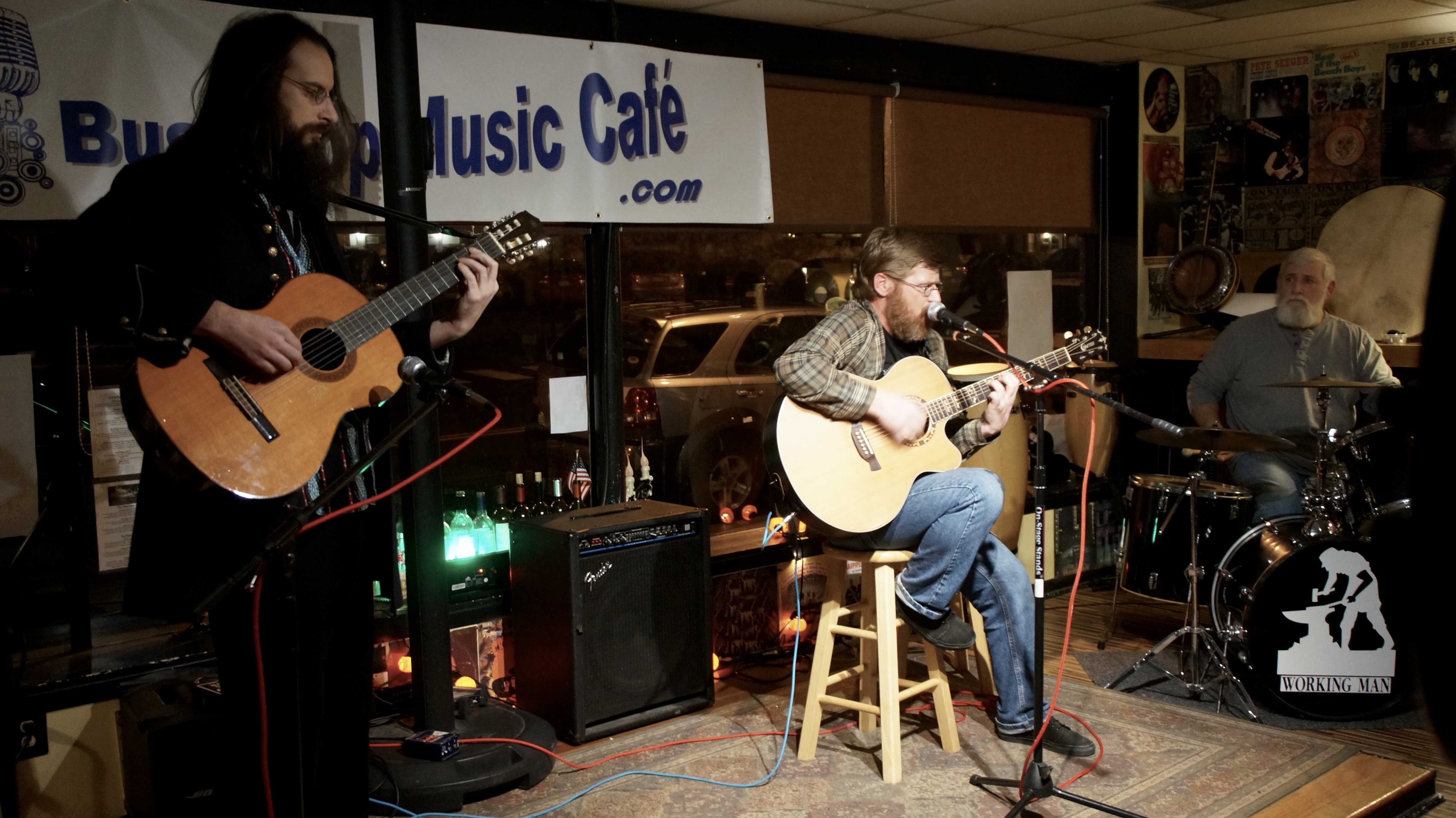 Ron Lange, Bill Roth and Ed Small of Bill Roth & The Reasons perform an before the audience during, open-mic night at the Bus Stop Music Cafe in Pitman, New Jersey.- Staff Photo/Anthony Medina.