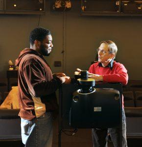 Keith Johnson discusses details about the dual-projector system in the Edelman planetarium with Craig Amore, a technician from Spitz Inc. Johnson has been the director of the planetarium for the past 12 years. -Photo courtesy of Rowan University, provided by Keith Johnson