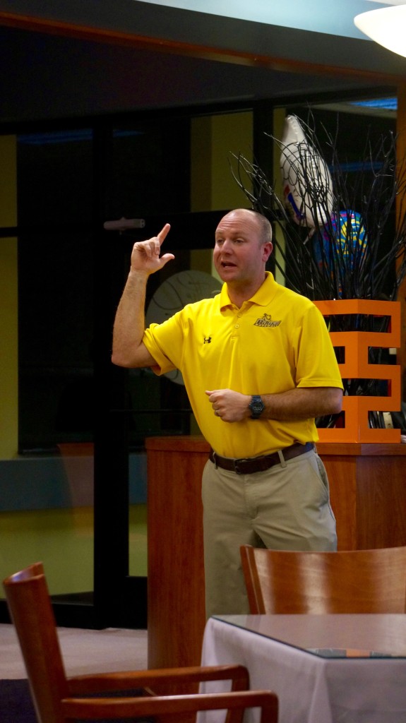 Mike Dickson shares his experiences with sports during the March 7 ProfTalk. Dickson is Rowan baseball's head coach. -Staff Photo/Anthony Medina 