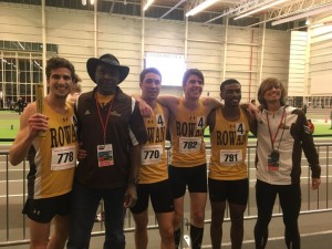 The members of the university record-breaking distance medley relay team stand with women's head coach Derick "Ringo" Adamson and men's assistant coach Eric DuBois. -Photo courtesy of Rowan men's indoor track and field