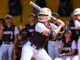 Rowan softball senior captain Morgan Smith takes an at-bat earlier this year. Smith is 4-8 with five walks in just four games this season. Photo courtesy of Sports Information